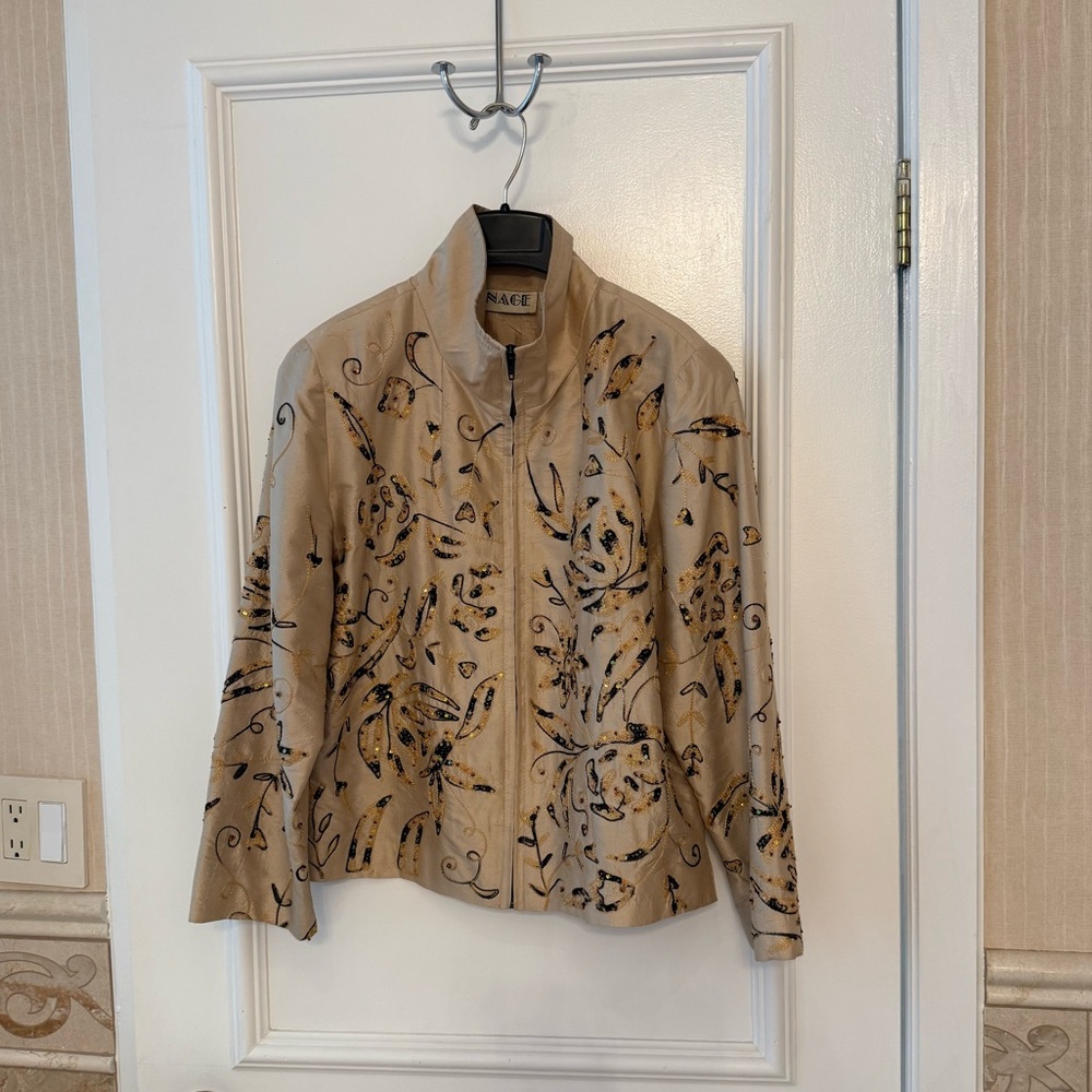 Anage Women's Tan Floral Silk Jacket